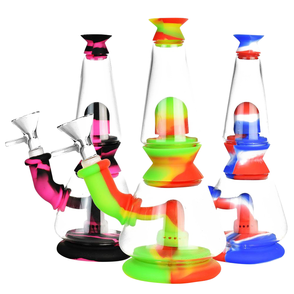 Front view of the Silicone Dual Chamber Modular Glass Bong, showcasing the colorful, multi-chamber design against a plain white background.