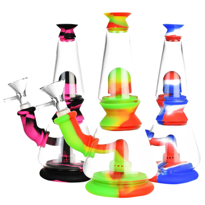 Front view of the Silicone Dual Chamber Modular Glass Bong, showcasing the colorful, multi-chamber design against a plain white background.