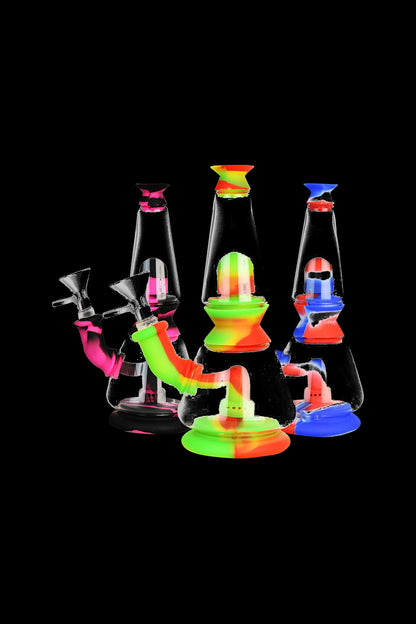 Front view of the Silicone Dual Chamber Modular Glass Bong, showcasing its colorful, multi-layered construction against a black backdrop.