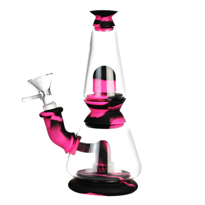 Front view of the Silicone Dual Chamber Modular Glass Bong, showcasing its dual-chamber design and clear glass construction.