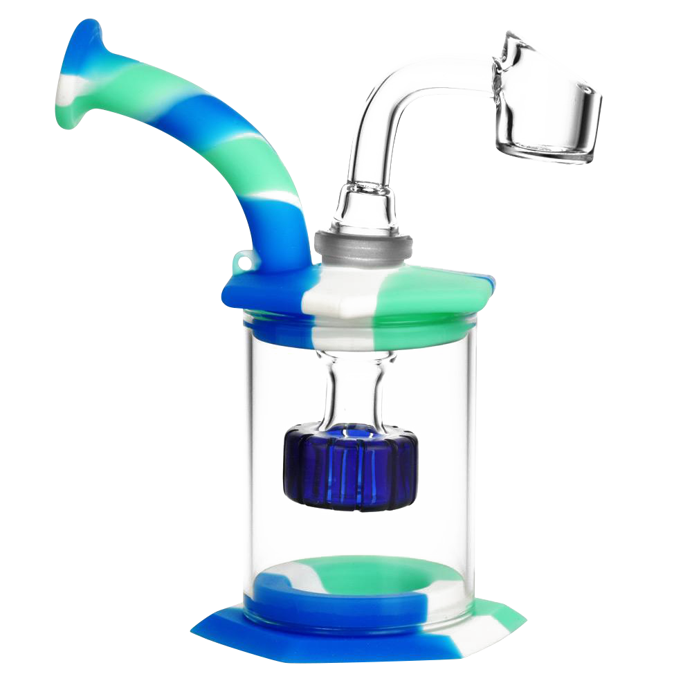 Front view of the Silicone & Glass Dab Rig Bubbler with Disc Perc, featuring a blue and clear glass build with a disc percolator.