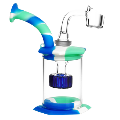 Front view of the Silicone & Glass Dab Rig Bubbler with Disc Perc, featuring a blue and clear glass build with a disc percolator.