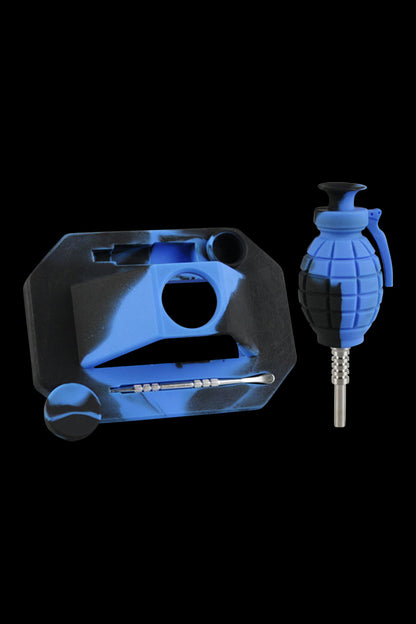 A close-up, angled view of the Silicone "Dab Grenade" Vapor Straw Collector Kit, showing its blue, grenade-shaped design and straw component.