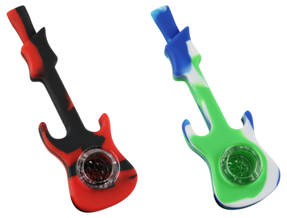Front view of the Silicone Guitar Hand Pipe with Glass Bowl, showing a red and blue pipe shaped like a guitar.