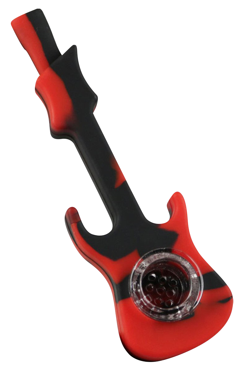 A close-up view of the Silicone Guitar Hand Pipe with Glass Bowl, showcasing its unique shape and textured red finish.