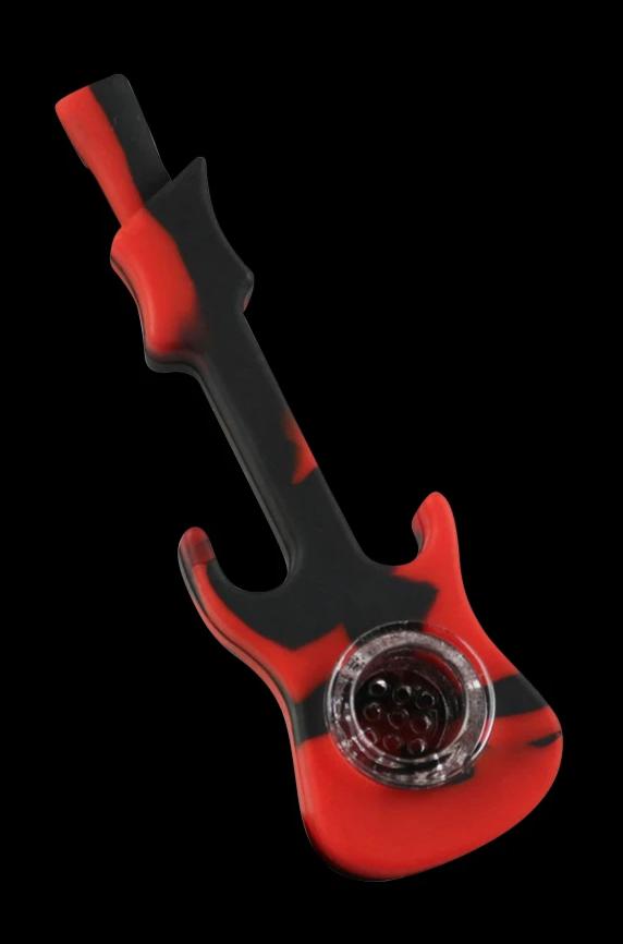 A close-up, angled view of the Silicone Guitar Hand Pipe with Glass Bowl, showcasing its dark and red color scheme.