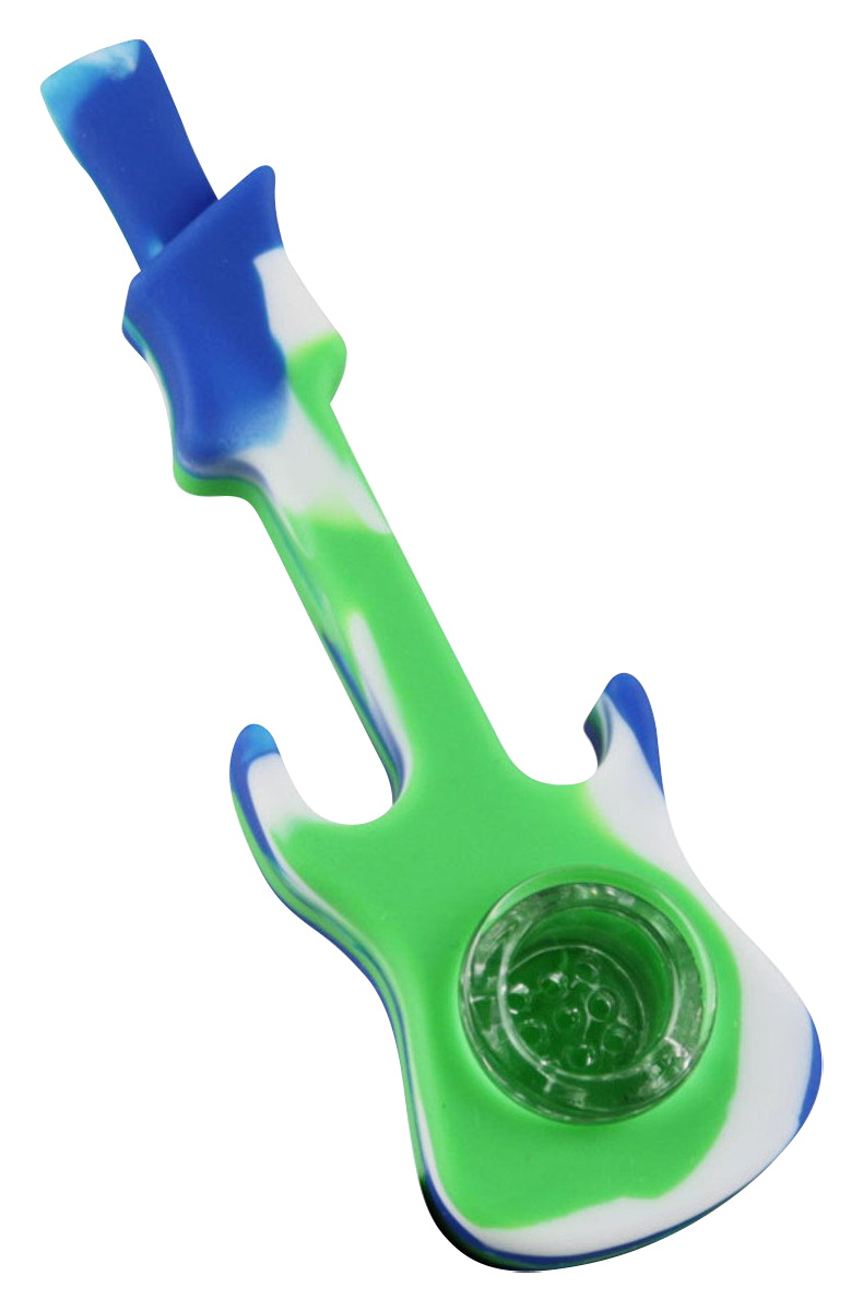 Front view of the Silicone Guitar Hand Pipe with Glass Bowl, featuring a blue and green design with a clear glass bowl.