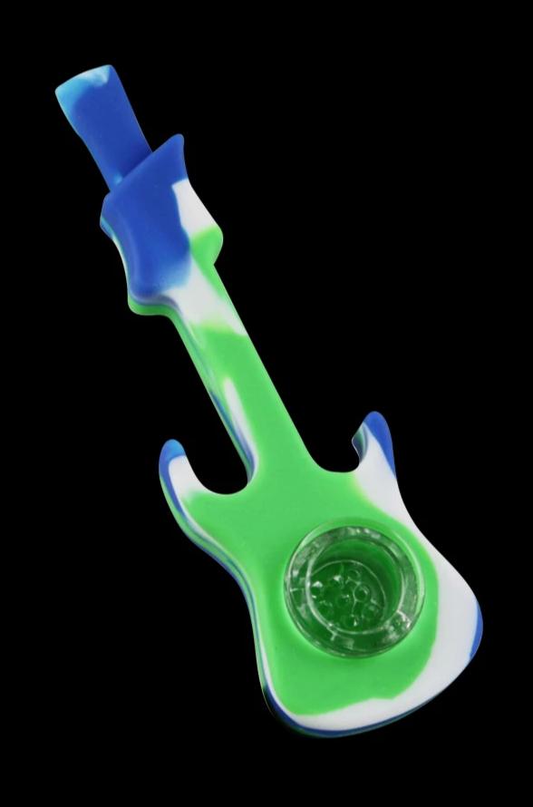 The Silicone Guitar Hand Pipe with Glass Bowl is shown in a bright, angled view, displaying its colorful, guitar-shaped design.
