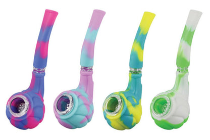A close-up, angled view of the Silicone Hand Pipe with Glass Bowl, showcasing its colorful, patterned design.