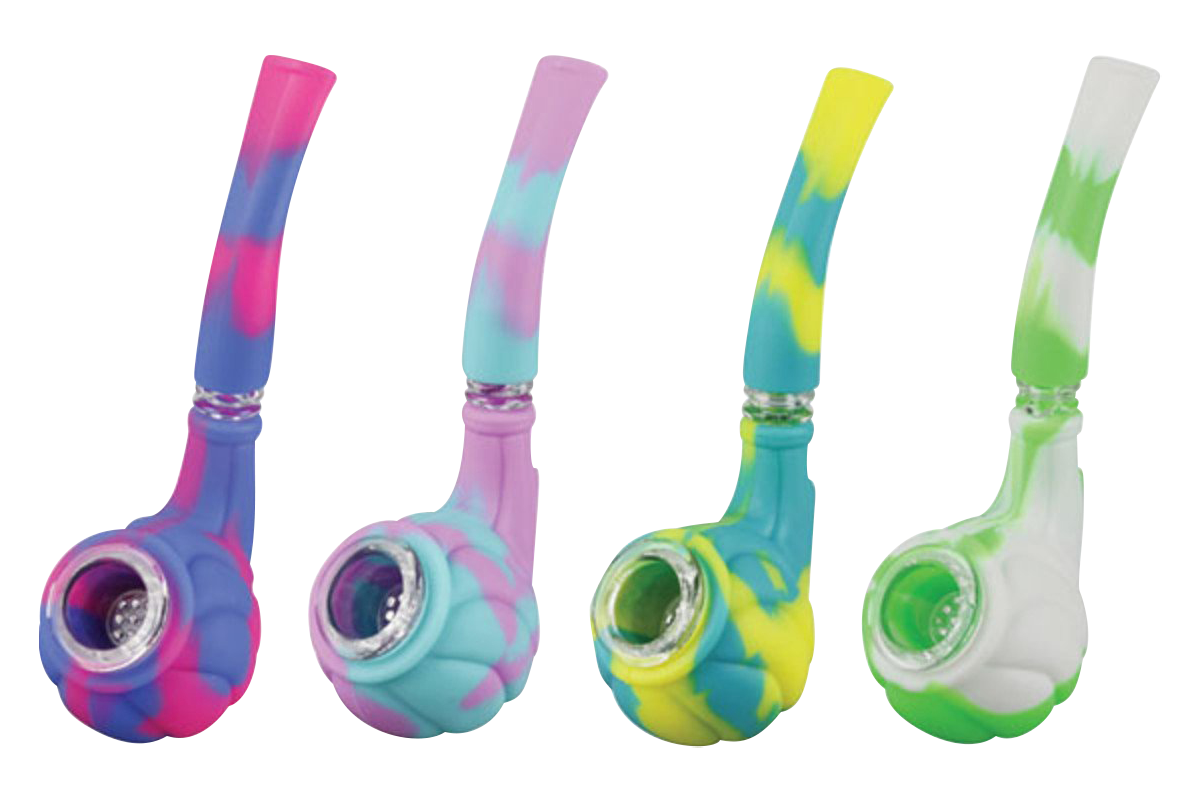 A front view of the Silicone Hand Pipe with Glass Bowl, showcasing its colorful, patterned design and compact size.