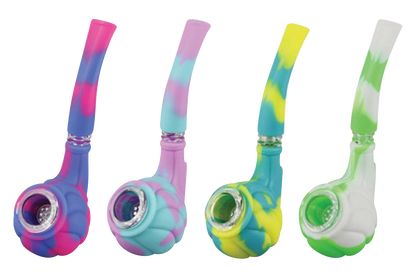 A front view of the Silicone Hand Pipe with Glass Bowl, showcasing its colorful, patterned design and compact size.