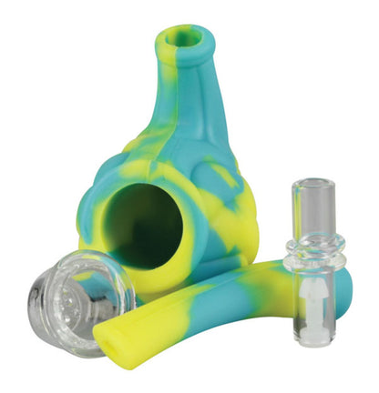 A close-up shows the Silicone Hand Pipe with Glass Bowl, featuring a blue and yellow pipe with a clear glass bowl beside it.