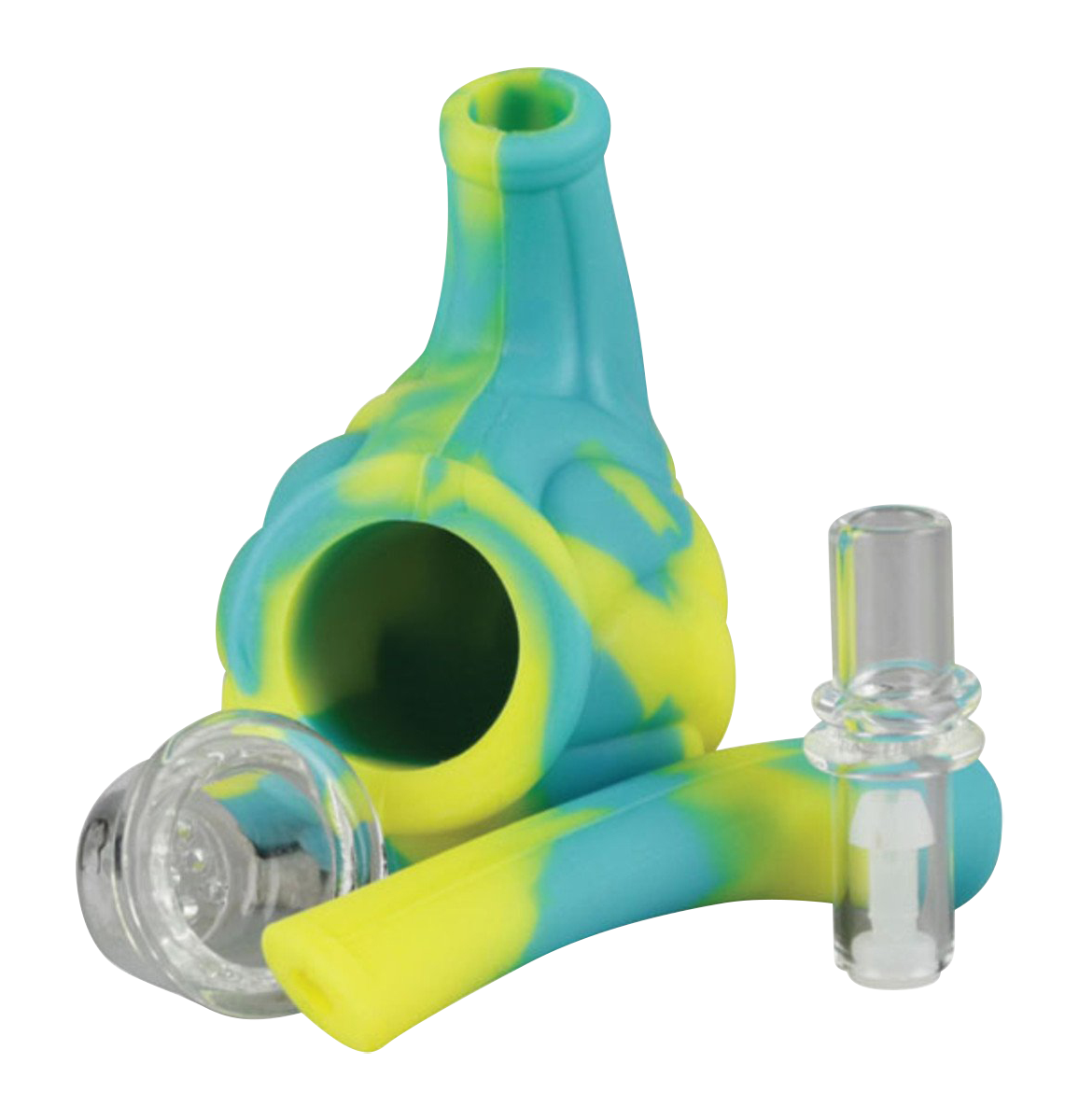 Front view of the Silicone Hand Pipe with Glass Bowl, showing a blue and yellow pipe with a clear glass bowl attached.