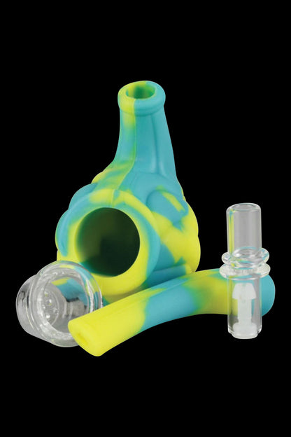 A close-up, angled view of the Silicone Hand Pipe with Glass Bowl, showcasing its clear glass bowl attached to a colorful, handheld pipe.