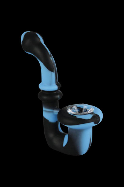 A detailed side view of the Silicone Saxophone Sherlock Hand Pipe, showcasing its curved form and dark coloring against a plain background.