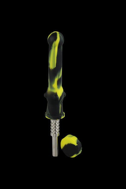 A slightly angled view of the Silicone "Dab Collector" Vapor Straw with Titianium Tip, showcasing its clear body and metallic tip.