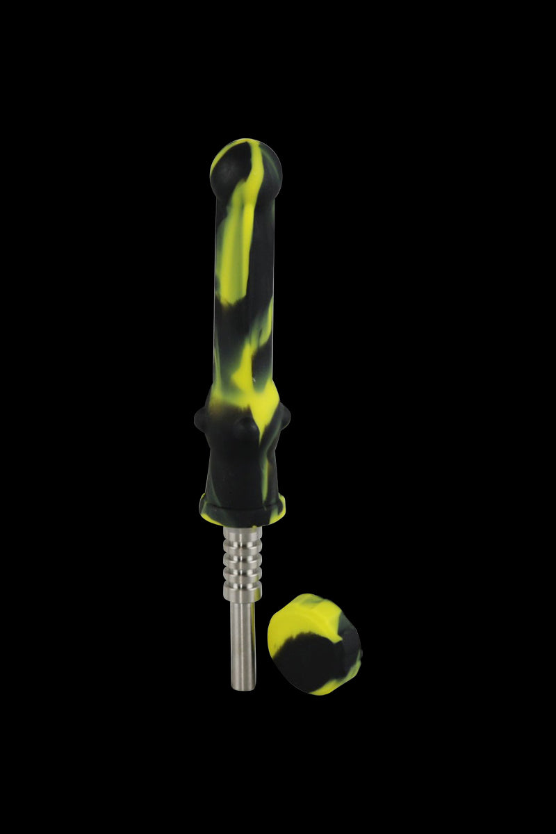 A slightly angled view of the Silicone "Dab Collector" Vapor Straw with Titianium Tip, showcasing its clear body and metallic tip.
