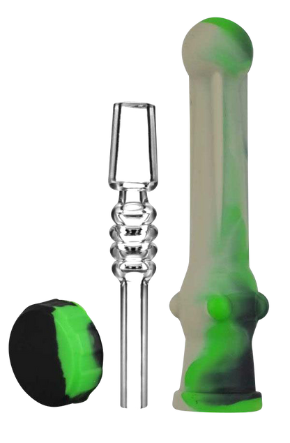 A close-up, angled view of the Silicone Vapor Straw with Quartz Tip, showing the clear straw and green silicone grip.