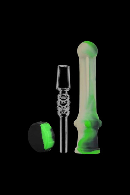 A close-up view of the Silicone Vapor Straw with Quartz Tip, featuring a slender straw with a clear quartz tip and a silicone grip.