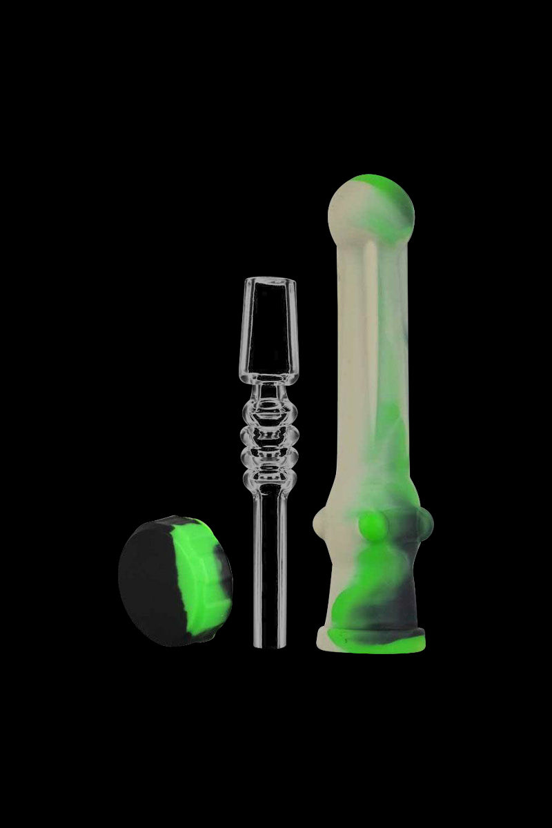 A close-up view of the Silicone Vapor Straw with Quartz Tip, featuring a slender straw with a clear quartz tip and a silicone grip.