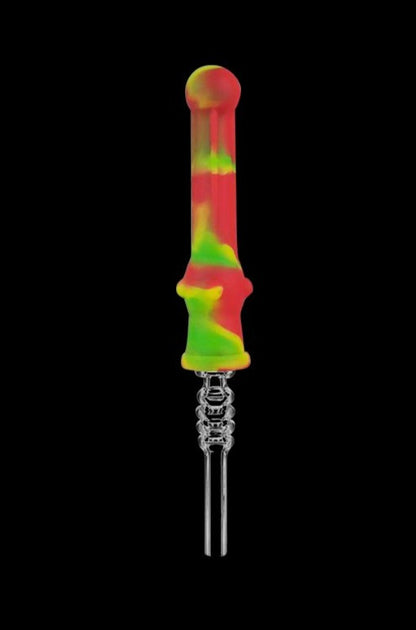 A close-up, angled view of the Silicone Vapor Straw with Quartz Tip, showcasing its slender design and metallic tip.