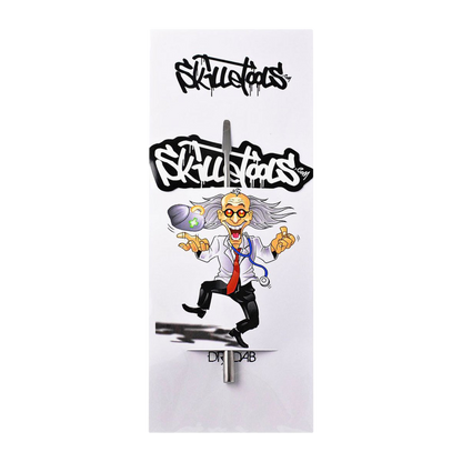 A promotional image of the Skilletools Classic Series Metal Dab Tools featuring a cartoon character in a laboratory setting.
