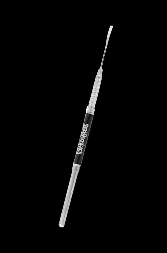 A straight-on view of the Skilletools Classic Series Metal Dab Tools with a sleek, silver finish.