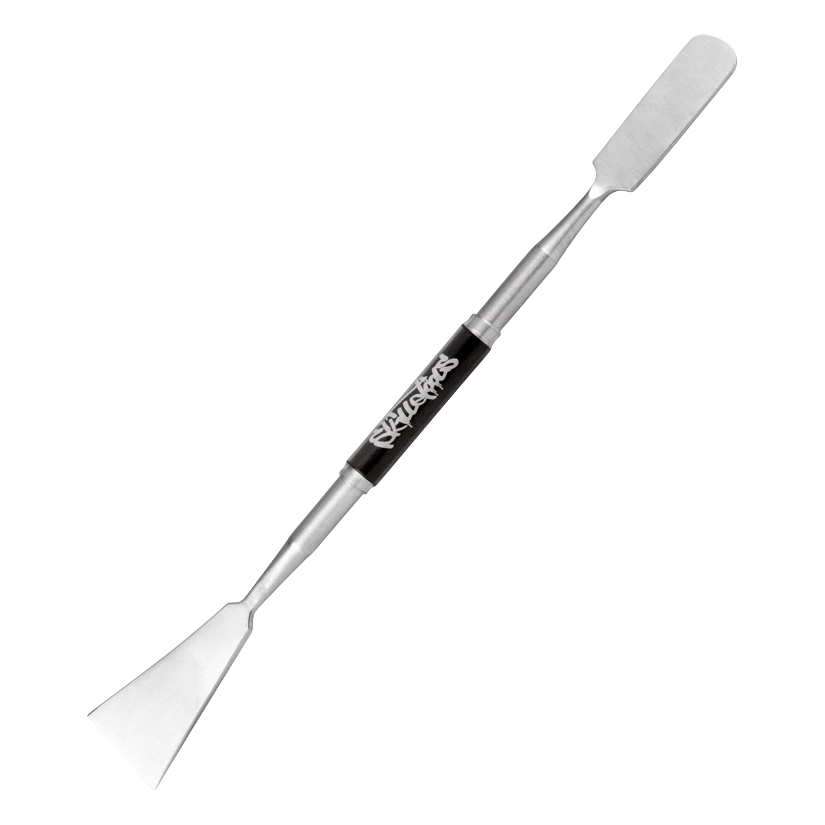 A detailed, angled view of the Skilletools XL Scraper Dabber Tool featuring a polished metal construction.