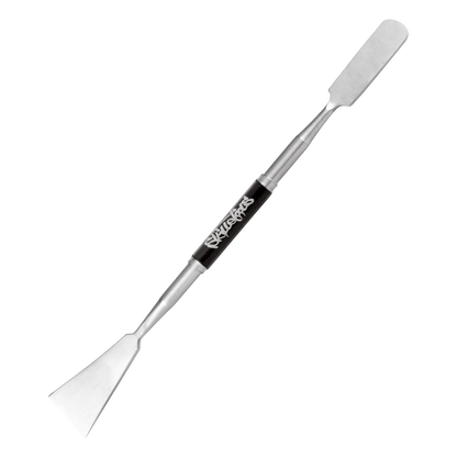 A detailed, angled view of the Skilletools XL Scraper Dabber Tool featuring a polished metal construction.