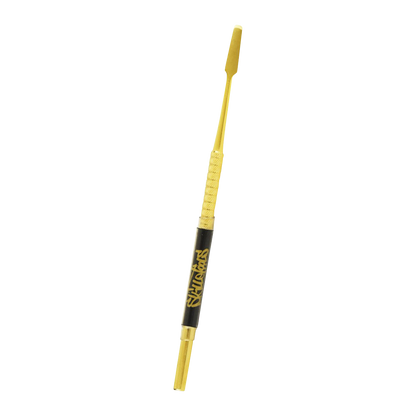 A straight-on view of the Skilletools Gold Series Dab Tools with a gleaming gold finish and textured grip.