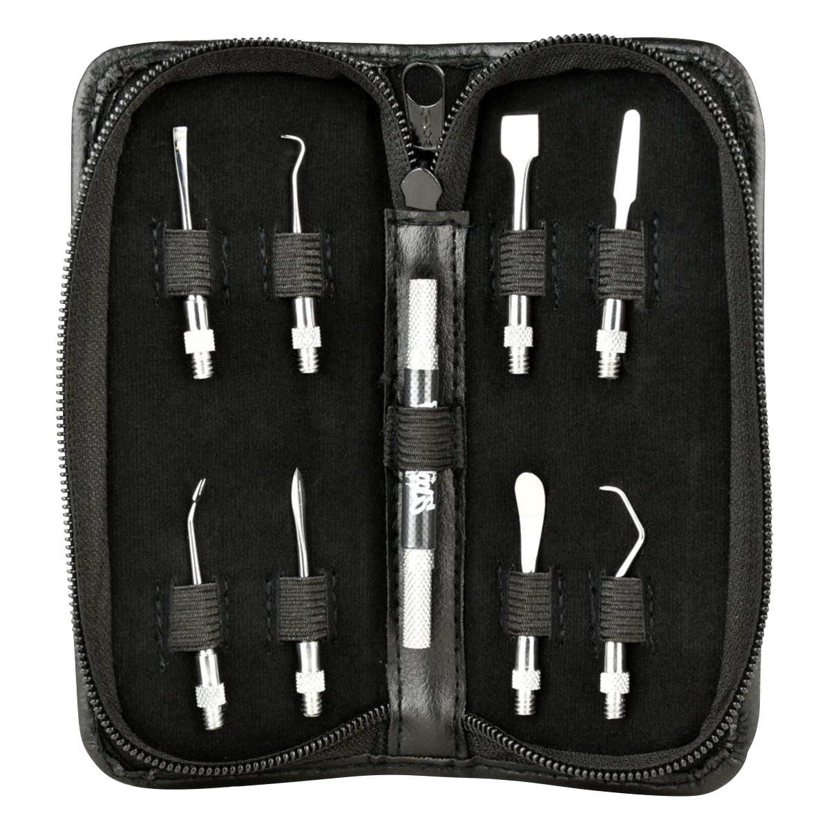 Front view of the Skilletools Travel Kit Dab Handle & Tips neatly arranged inside a black zippered case.