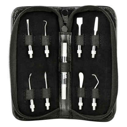 Front view of the Skilletools Travel Kit Dab Handle & Tips neatly arranged inside a black zippered case.