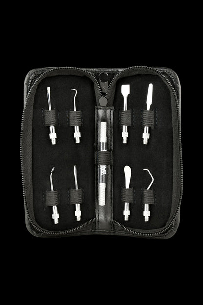 Front view of the Skilletools Travel Kit Dab Handle & Tips neatly arranged inside a zipped black carrying case.