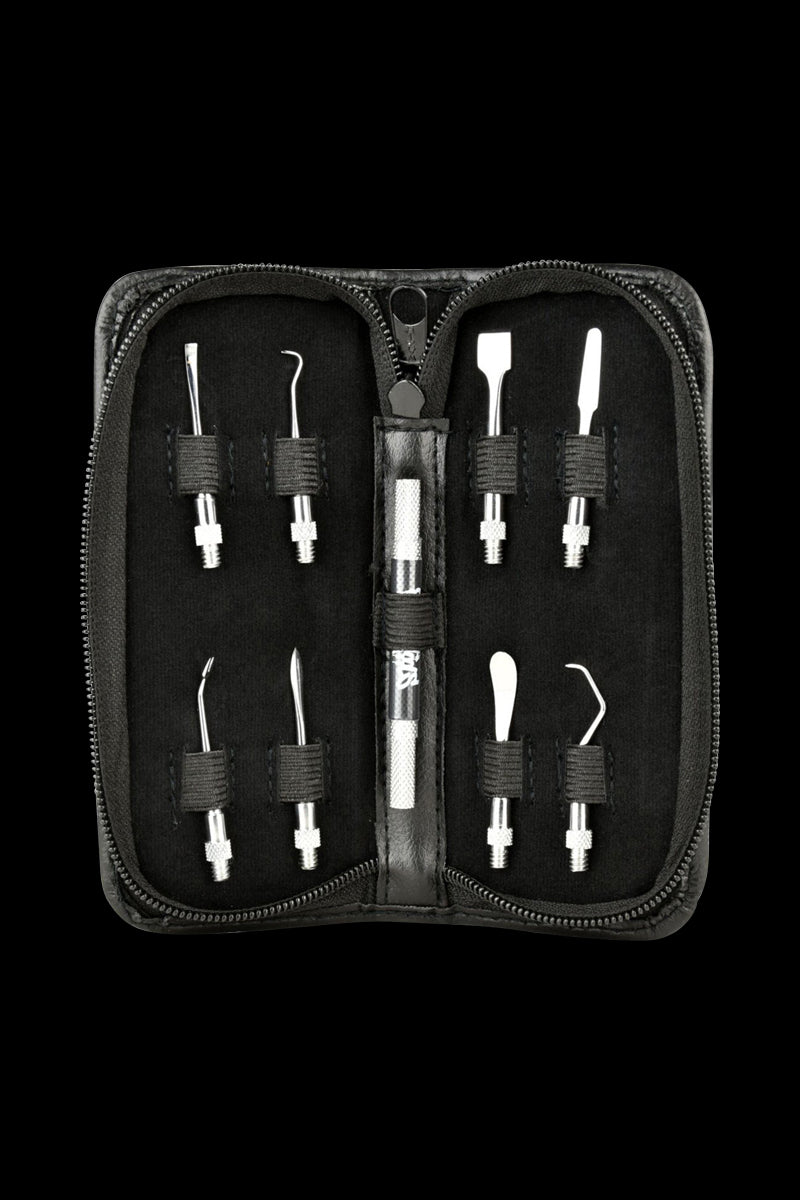 Front view of the Skilletools Travel Kit Dab Handle & Tips neatly arranged inside a zipped black carrying case.