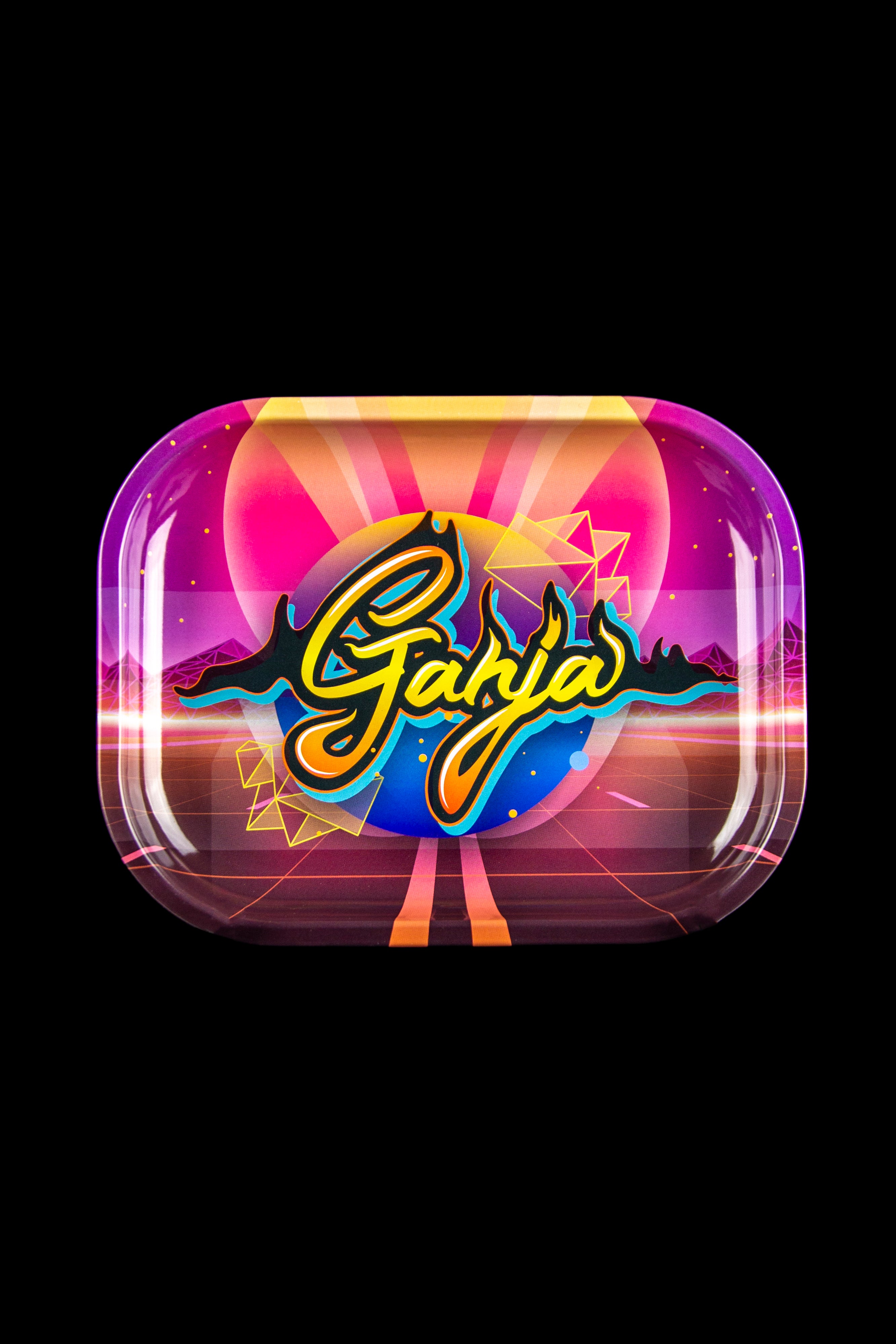 Retro-style rolling tray with “Ganji” script and 80s-inspired neon landscape.