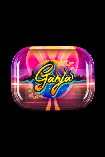 Retro-style rolling tray with “Ganji” script and 80s-inspired neon landscape.