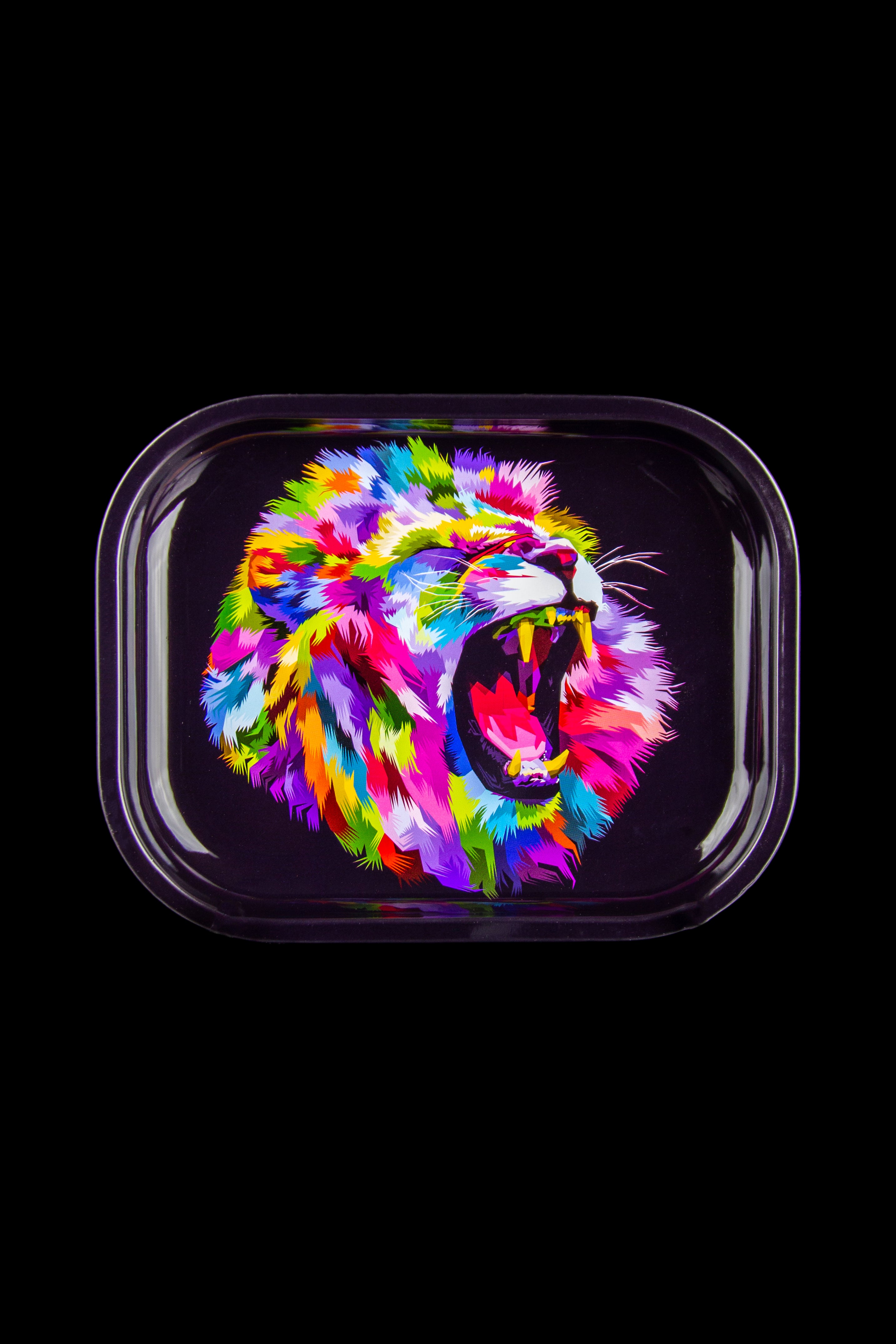 Vibrant, colorful lion head graphic on a rolling tray with a black background.