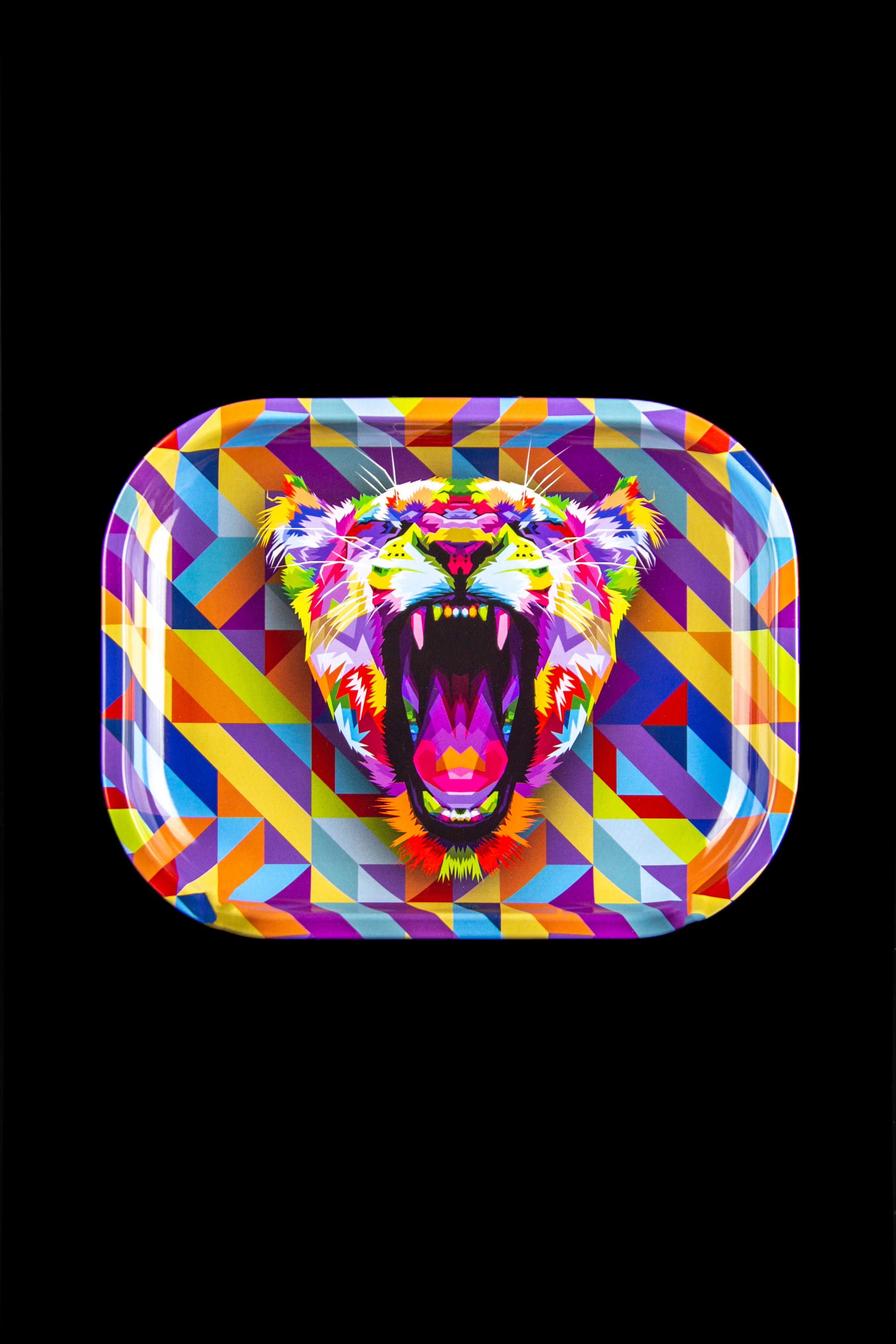Colorful geometric lion-themed rolling tray against a black background.