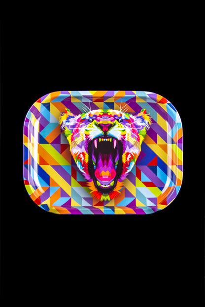 Colorful geometric lion-themed rolling tray against a black background.