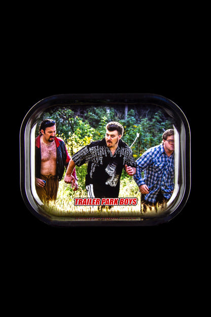 Metal rolling tray featuring Ricky, Julian, and Bubbles from *Trailer Park Boys* running through a field, with the show's logo overlaid on the grass.