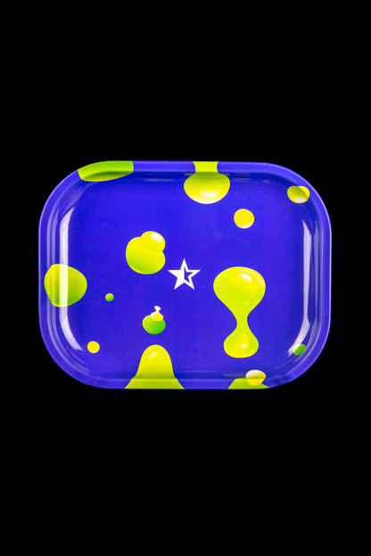 Blue rolling tray with bright green slime-like bubbles and a white star design.