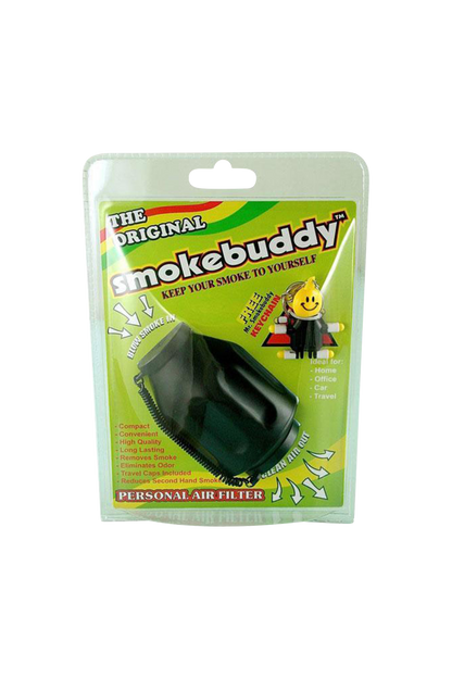 Angled front view of the black Smokebuddy Original Personal Air Filter in its green retail blister pack with bold logo and arrows.