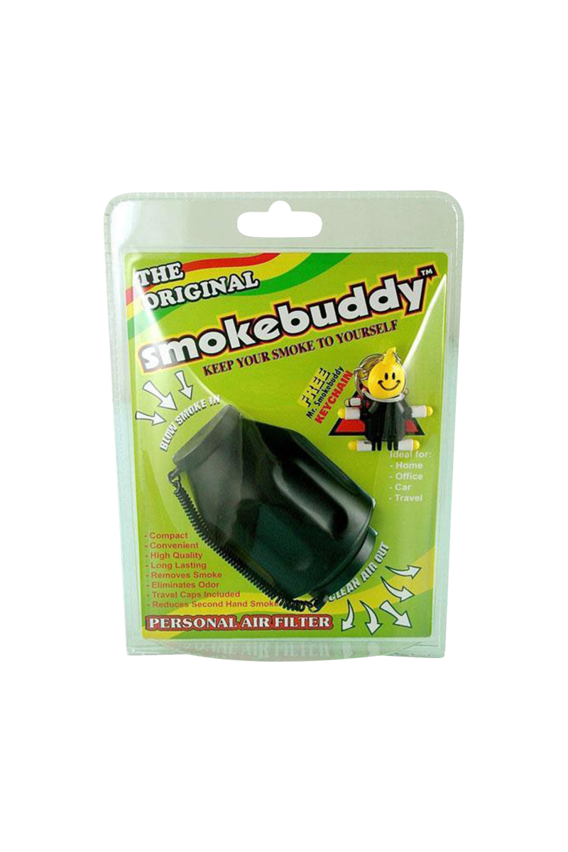 Angled front view of the black Smokebuddy Original Personal Air Filter in its green retail blister pack with bold logo and arrows.
