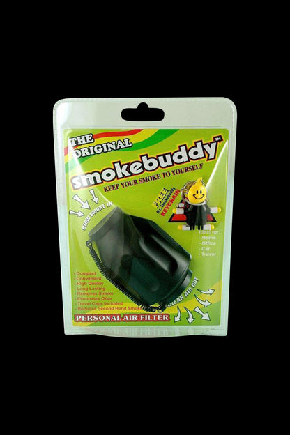 Centered front view of the Smokebuddy Original Personal Air Filter in blue packaging against a black background.