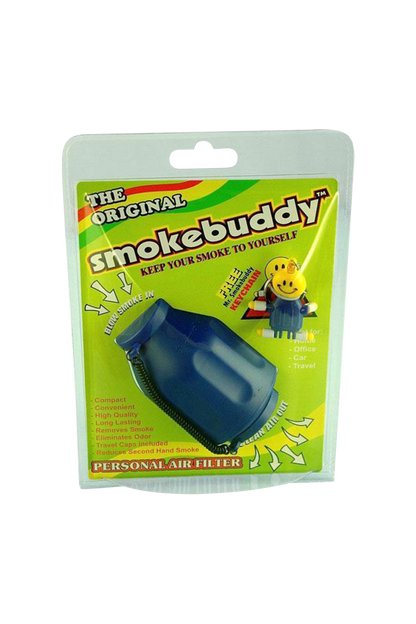 Angled front view of the blue Smokebuddy Original Personal Air Filter in its bright green retail blister pack with bold logo.