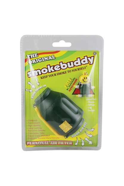 Front-facing shot of the Smokebuddy Original Personal Air Filter in dark green blister packaging against a bright yellow branded backing.