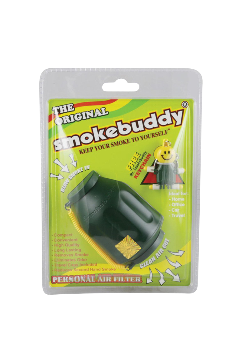 Front-facing shot of the Smokebuddy Original Personal Air Filter in dark green blister packaging against a bright yellow branded backing.