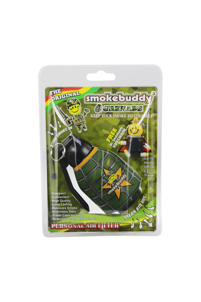 Front-facing pack shot of the Smokebuddy Original Personal Air Filter in green grenade styling against camo backing.