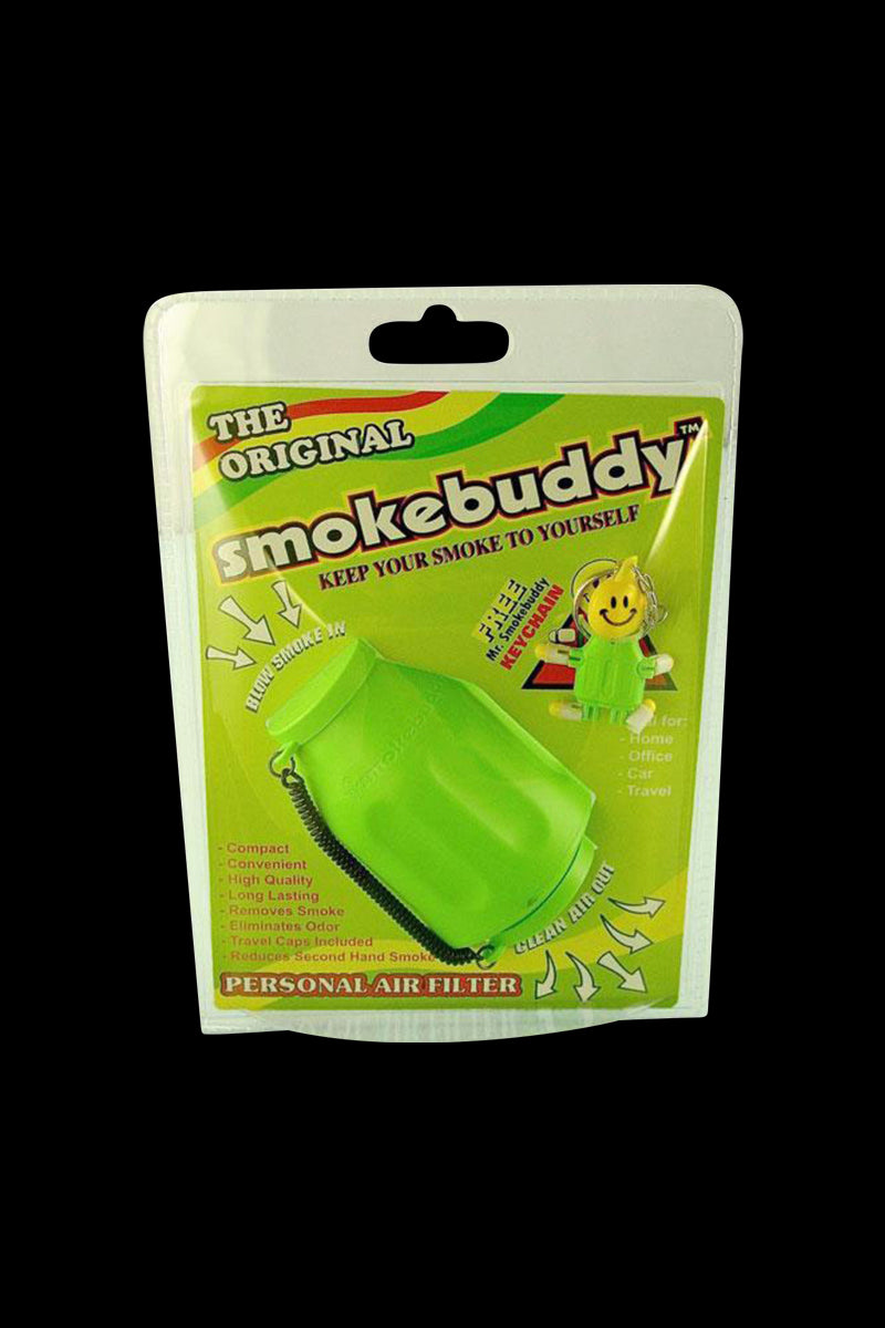 Front-facing shot of the Smokebuddy Original Personal Air Filter in lime green shown in its retail blister pack.