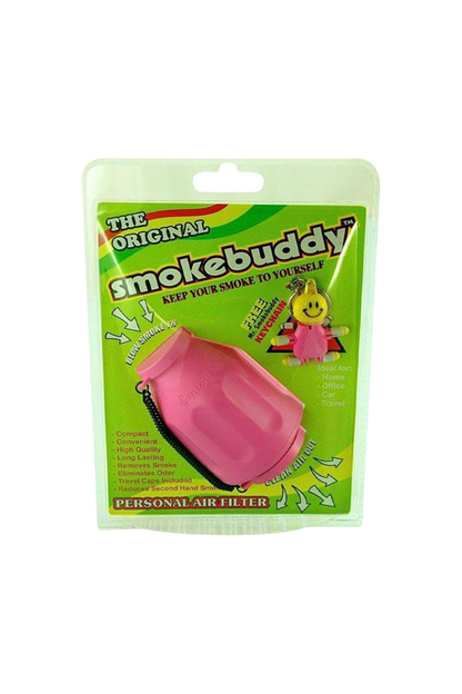 Front view of the pink Smokebuddy Original Personal Air Filter in blister packaging against a bright green branded backing.